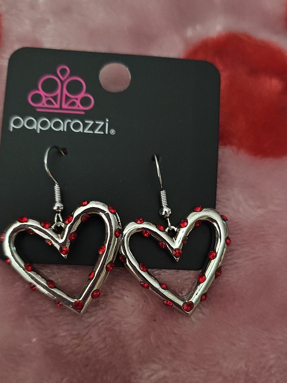 paparazzi Silver Heart Dangle Earrings with Red Accents